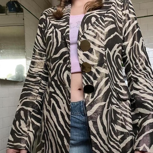 VTG Cache Zebra animal vintage Print Linen Blend Gold Coat M - Picture 2 of 4